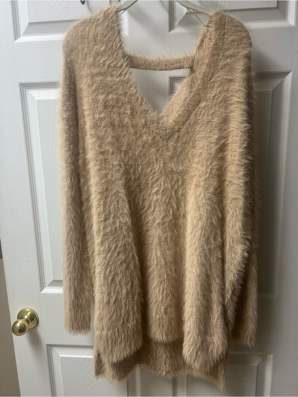 Jessica Simpson Eyelash Fuzzy Open Back V-Neck Sweater in Beige